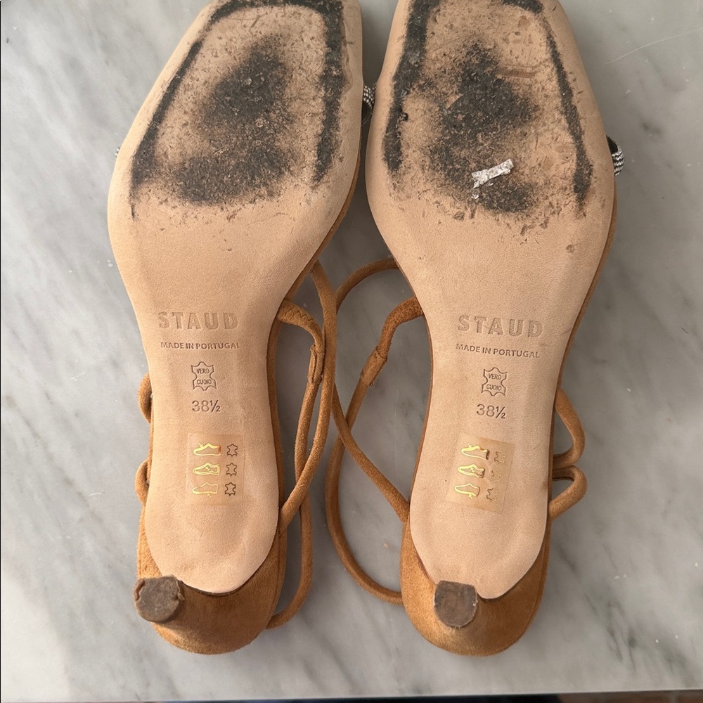 STAUD Tan Suede Strappy Heeled Sandals Rhinestone laurel Crystal heel size 38.5 - Picture 6 of 16